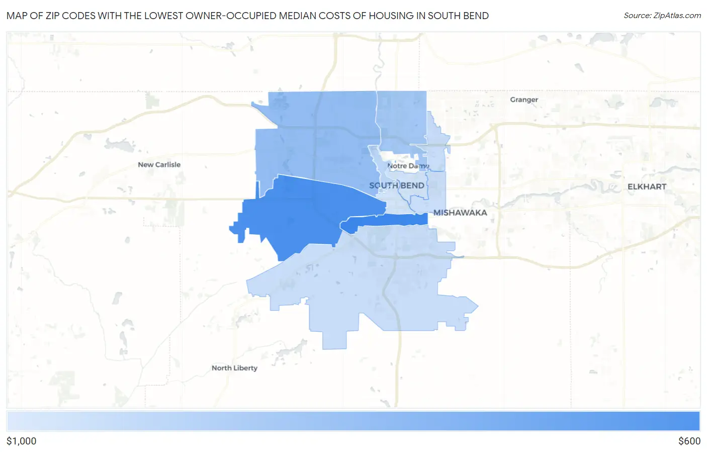 Zip Codes with the Lowest Owner-Occupied Median Costs of Housing in South Bend Map