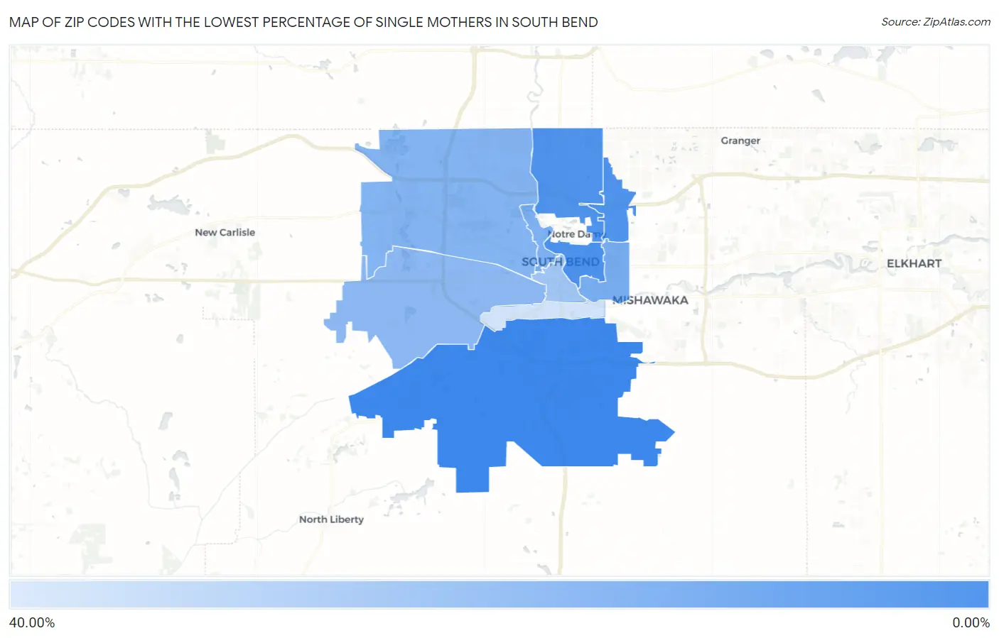 Zip Codes with the Lowest Percentage of Single Mothers in South Bend Map