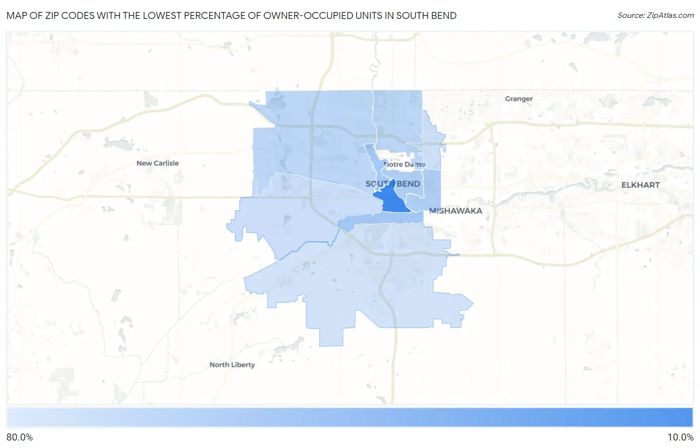 Zip Codes with the Lowest Percentage of Owner-Occupied Units in South Bend Map