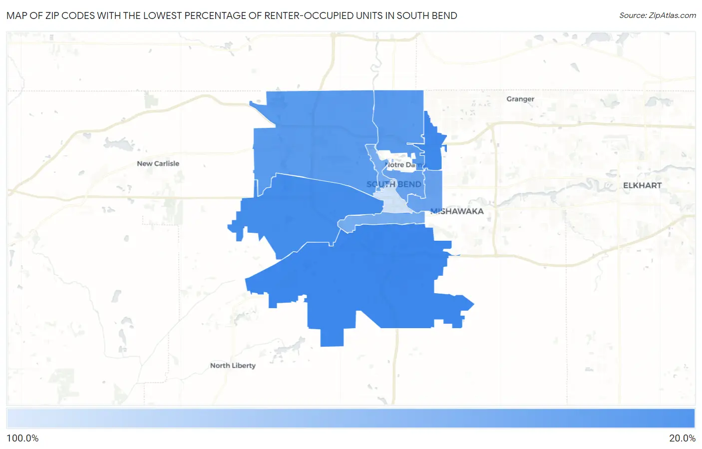 Zip Codes with the Lowest Percentage of Renter-Occupied Units in South Bend Map