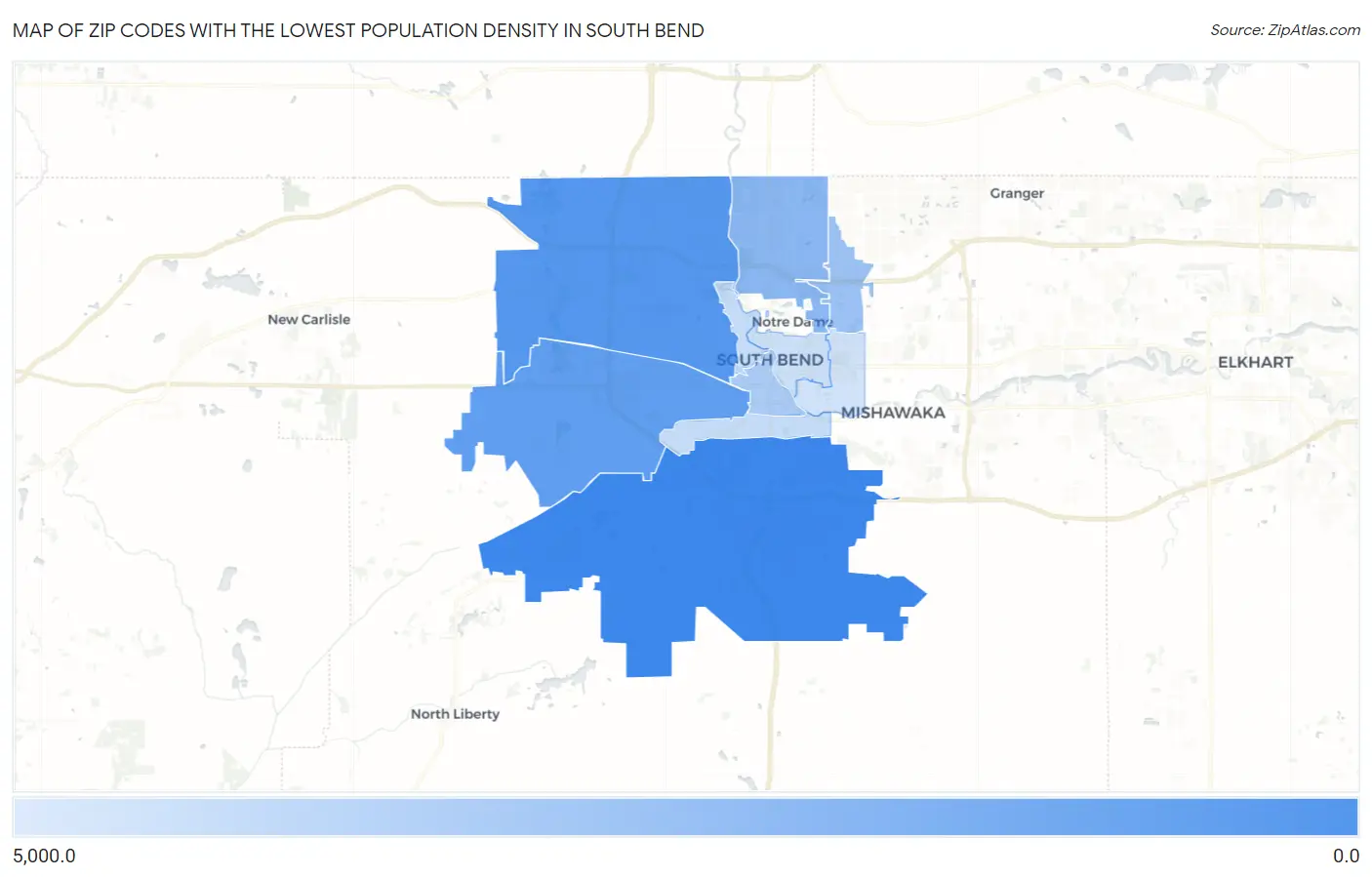 Zip Codes with the Lowest Population Density in South Bend Map