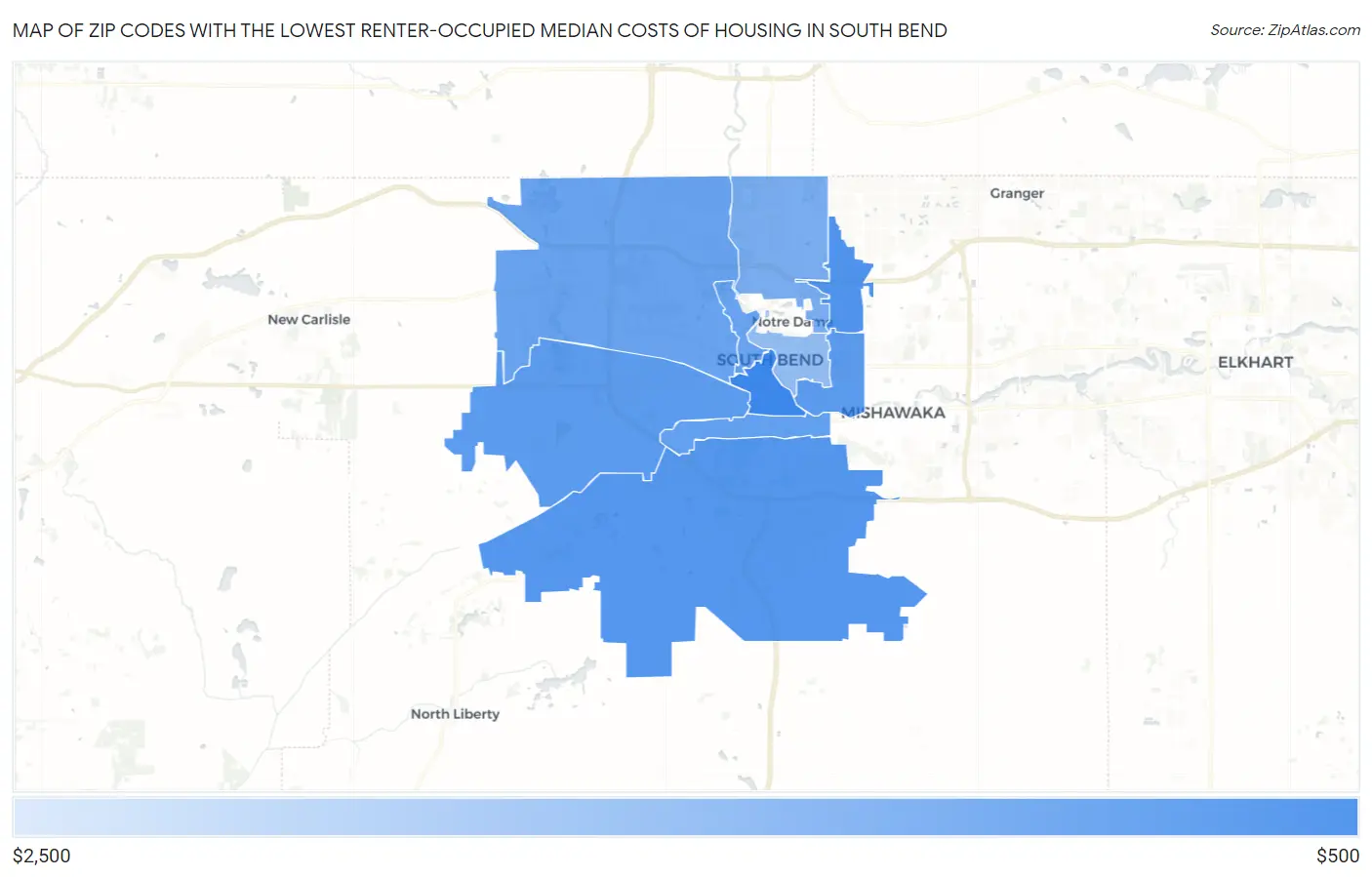 Zip Codes with the Lowest Renter-Occupied Median Costs of Housing in South Bend Map