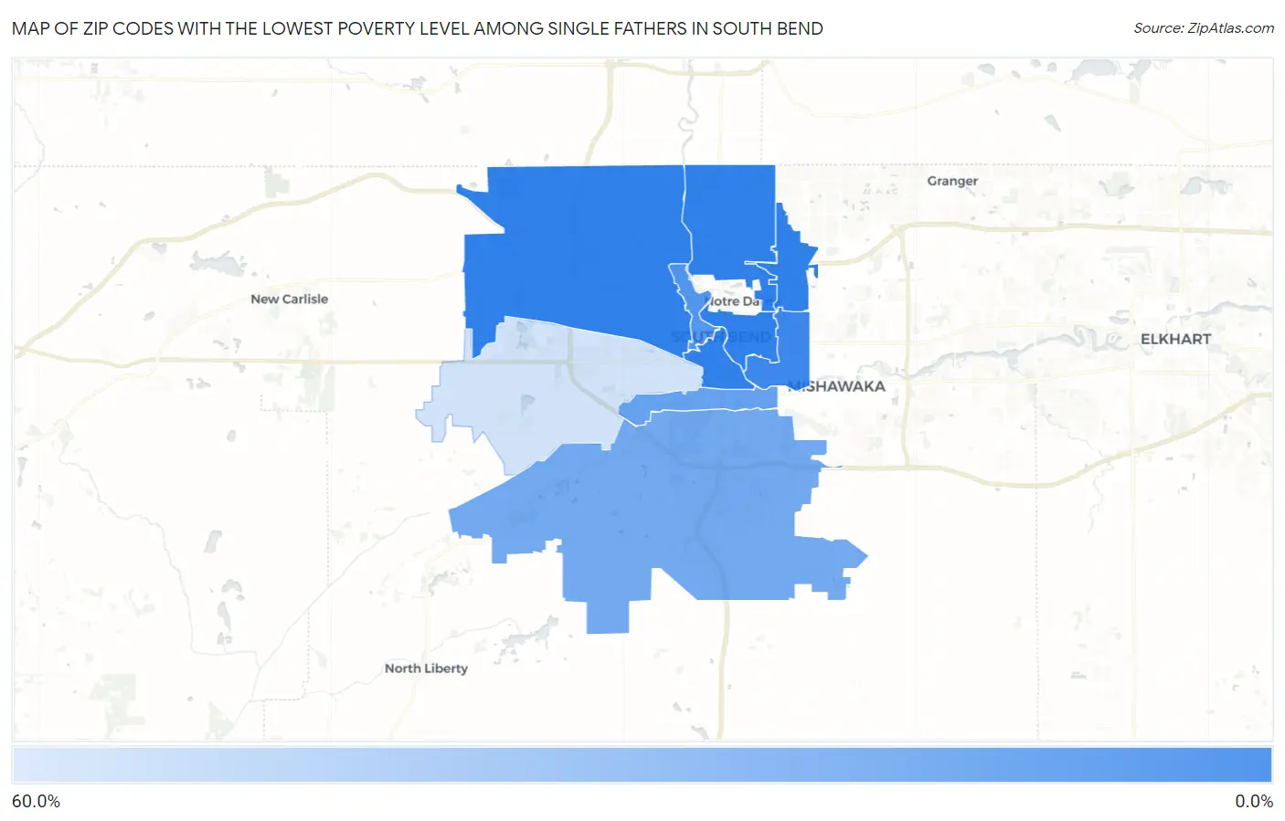 Zip Codes with the Lowest Poverty Level Among Single Fathers in South Bend Map