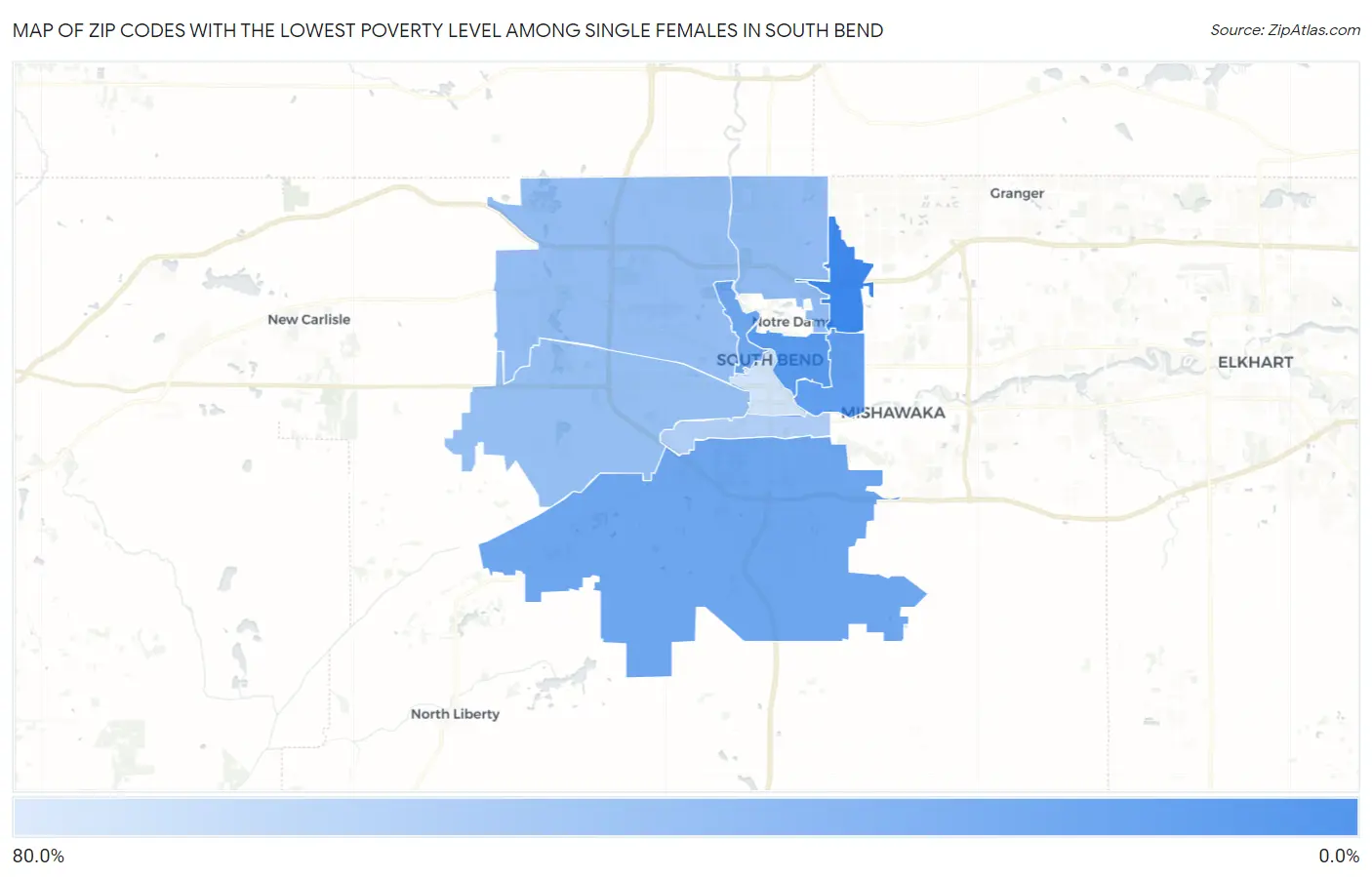 Zip Codes with the Lowest Poverty Level Among Single Females in South Bend Map