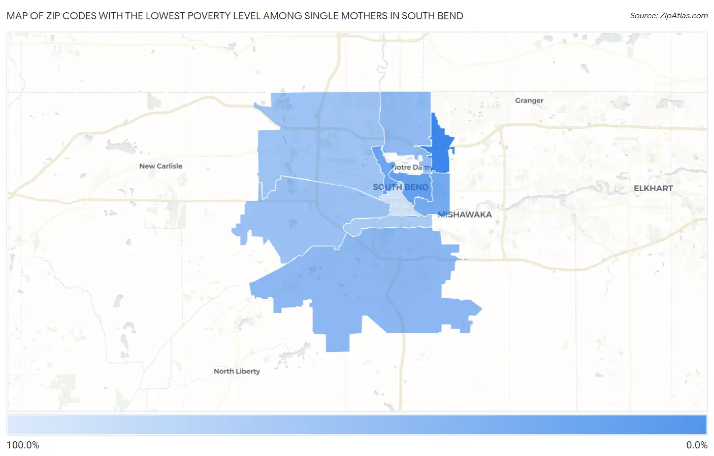 Zip Codes with the Lowest Poverty Level Among Single Mothers in South Bend Map