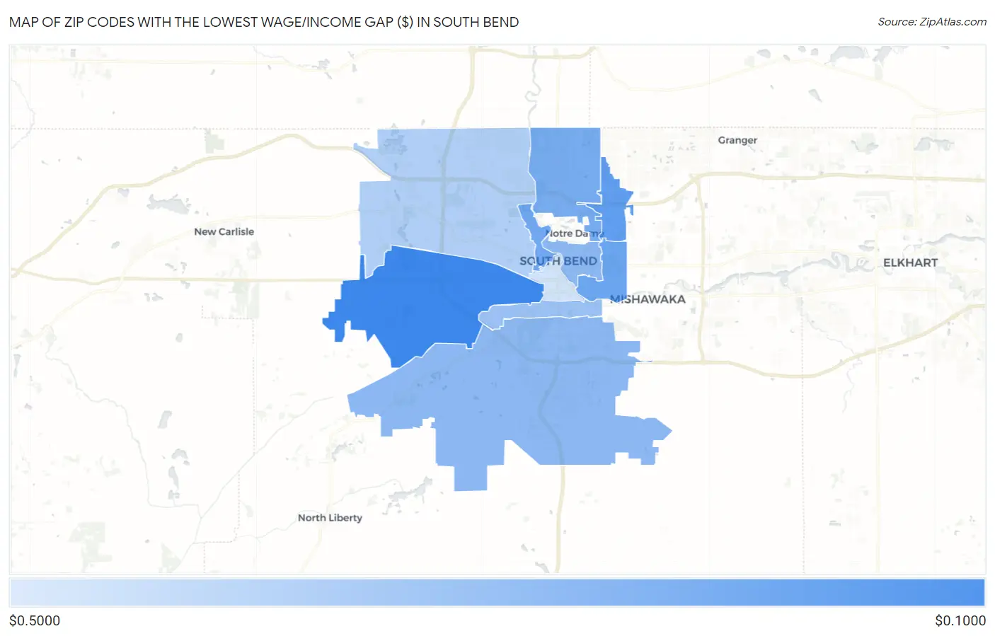 Zip Codes with the Lowest Wage/Income Gap ($) in South Bend Map