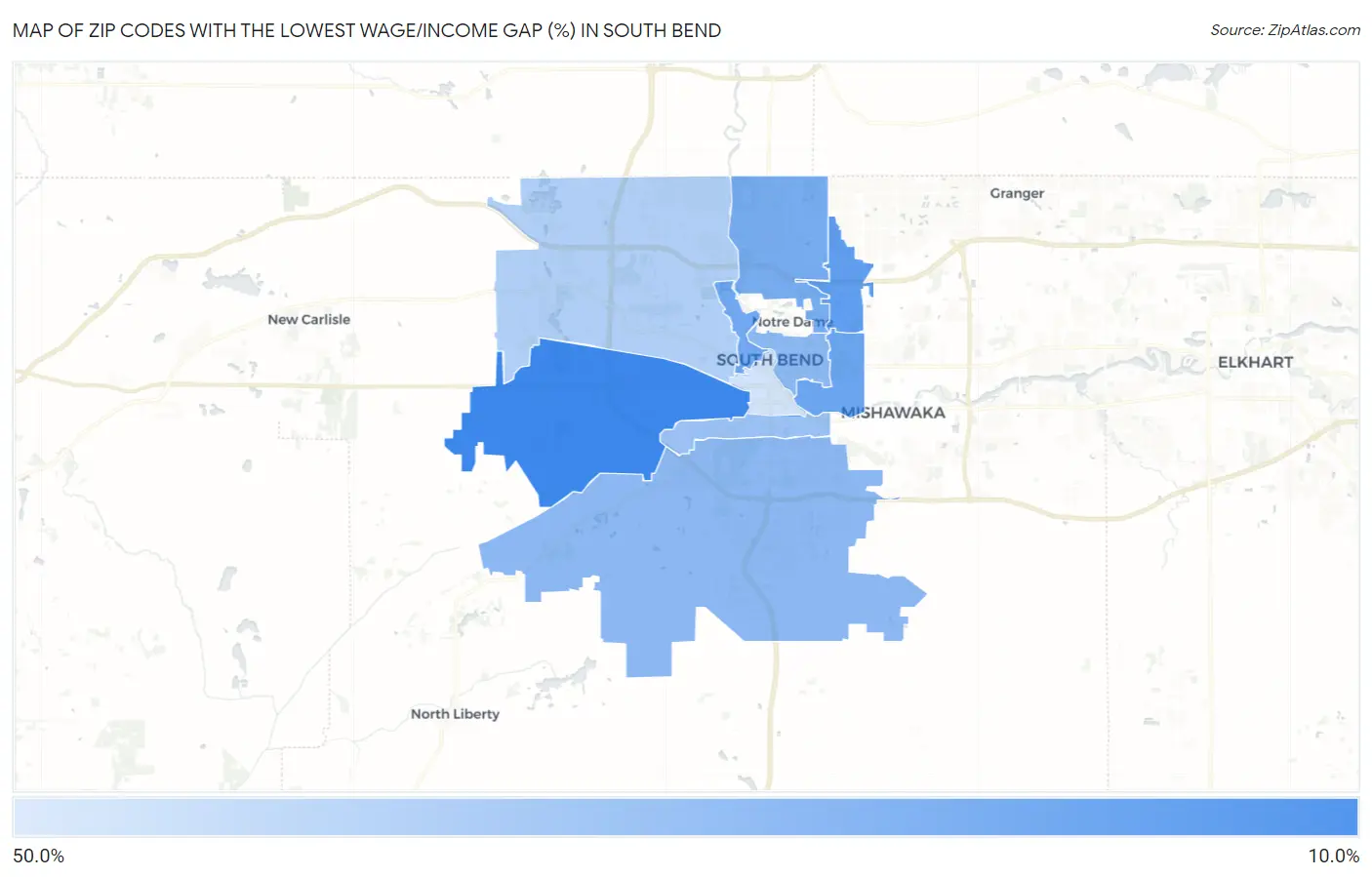 Zip Codes with the Lowest Wage/Income Gap (%) in South Bend Map