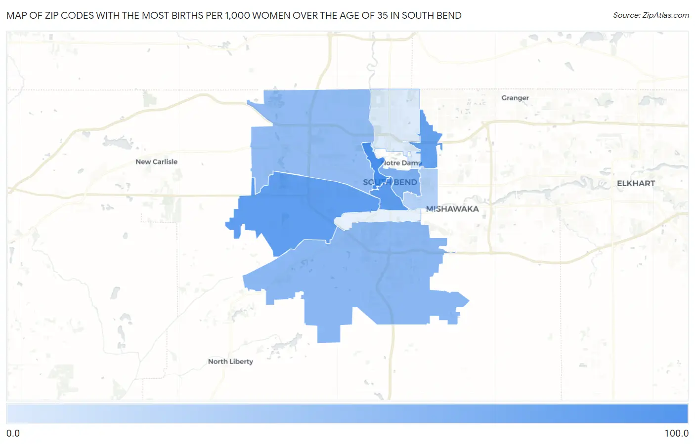 Zip Codes with the Most Births per 1,000 Women Over the Age of 35 in South Bend Map