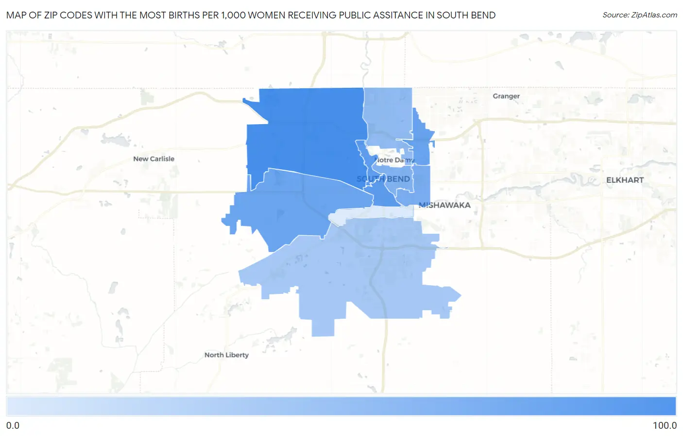 Zip Codes with the Most Births per 1,000 Women Receiving Public Assitance in South Bend Map