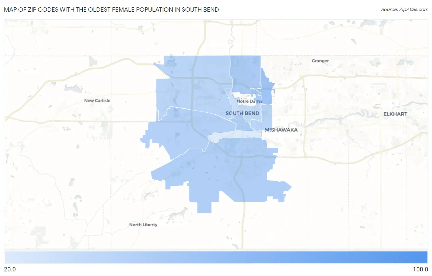 Zip Codes with the Oldest Female Population in South Bend Map