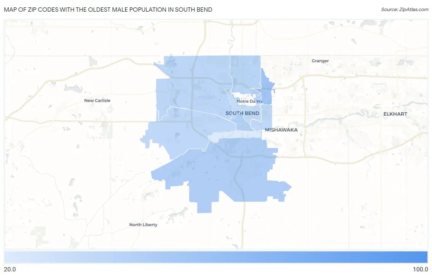 Zip Codes with the Oldest Male Population in South Bend Map