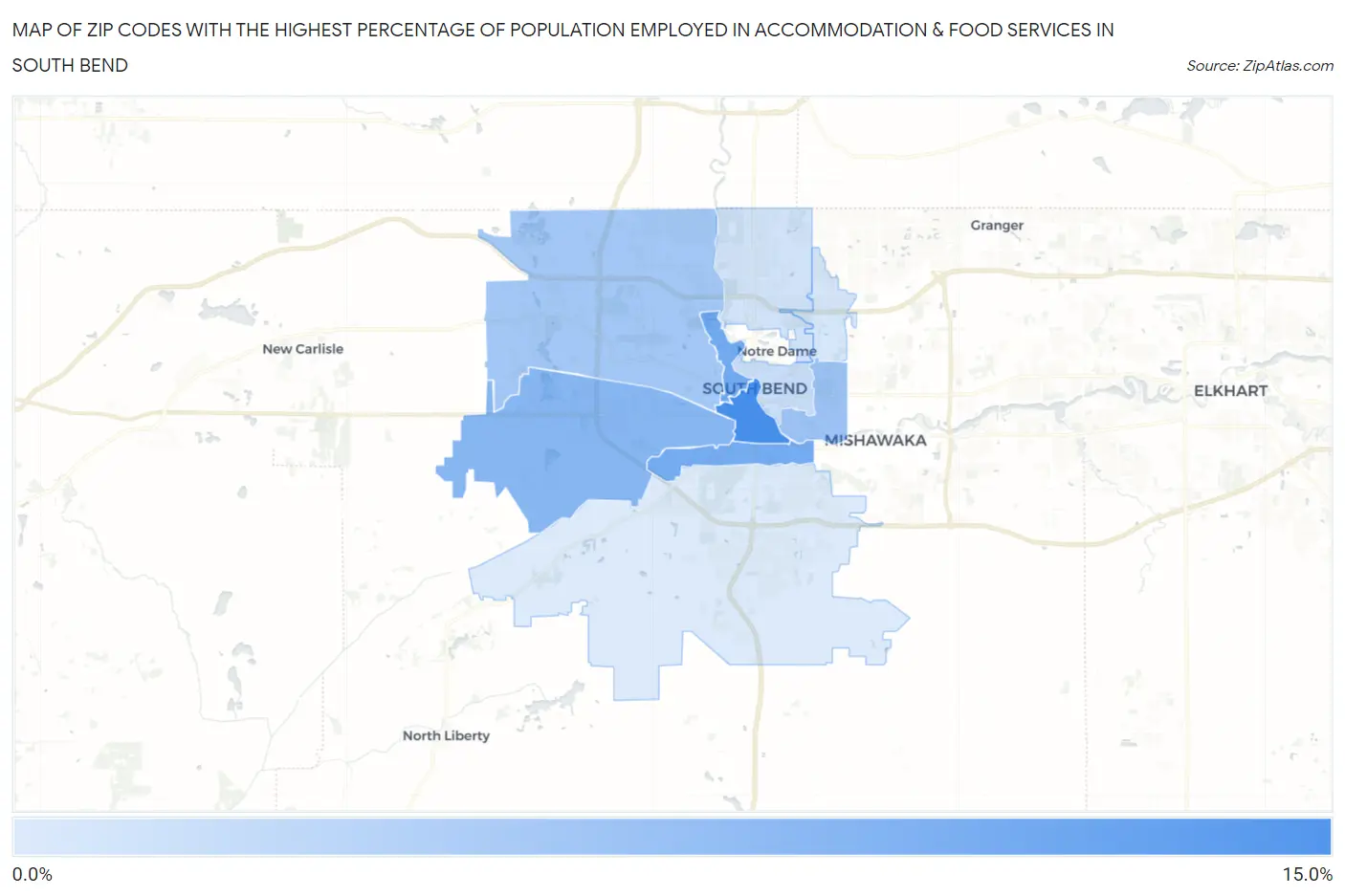 Zip Codes with the Highest Percentage of Population Employed in Accommodation & Food Services in South Bend Map