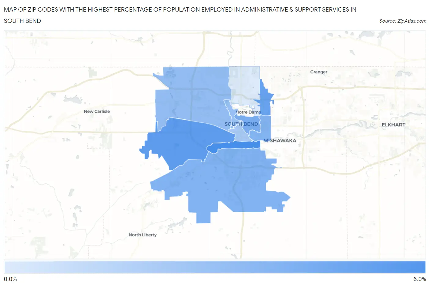Zip Codes with the Highest Percentage of Population Employed in Administrative & Support Services in South Bend Map