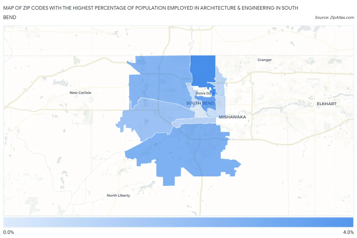 Zip Codes with the Highest Percentage of Population Employed in Architecture & Engineering in South Bend Map