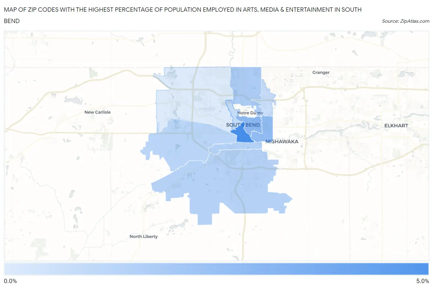 Zip Codes with the Highest Percentage of Population Employed in Arts, Media & Entertainment in South Bend Map