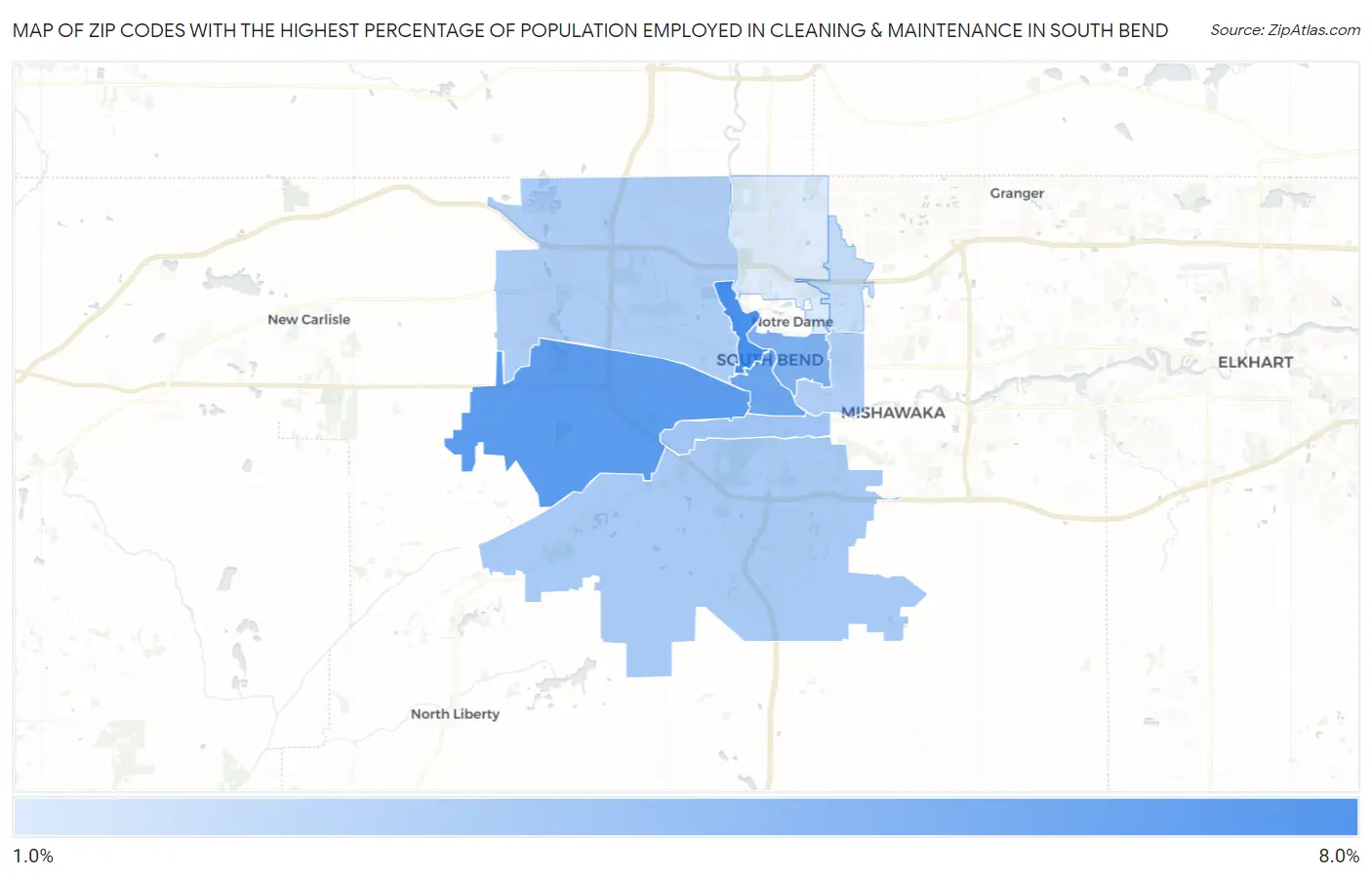 Zip Codes with the Highest Percentage of Population Employed in Cleaning & Maintenance in South Bend Map