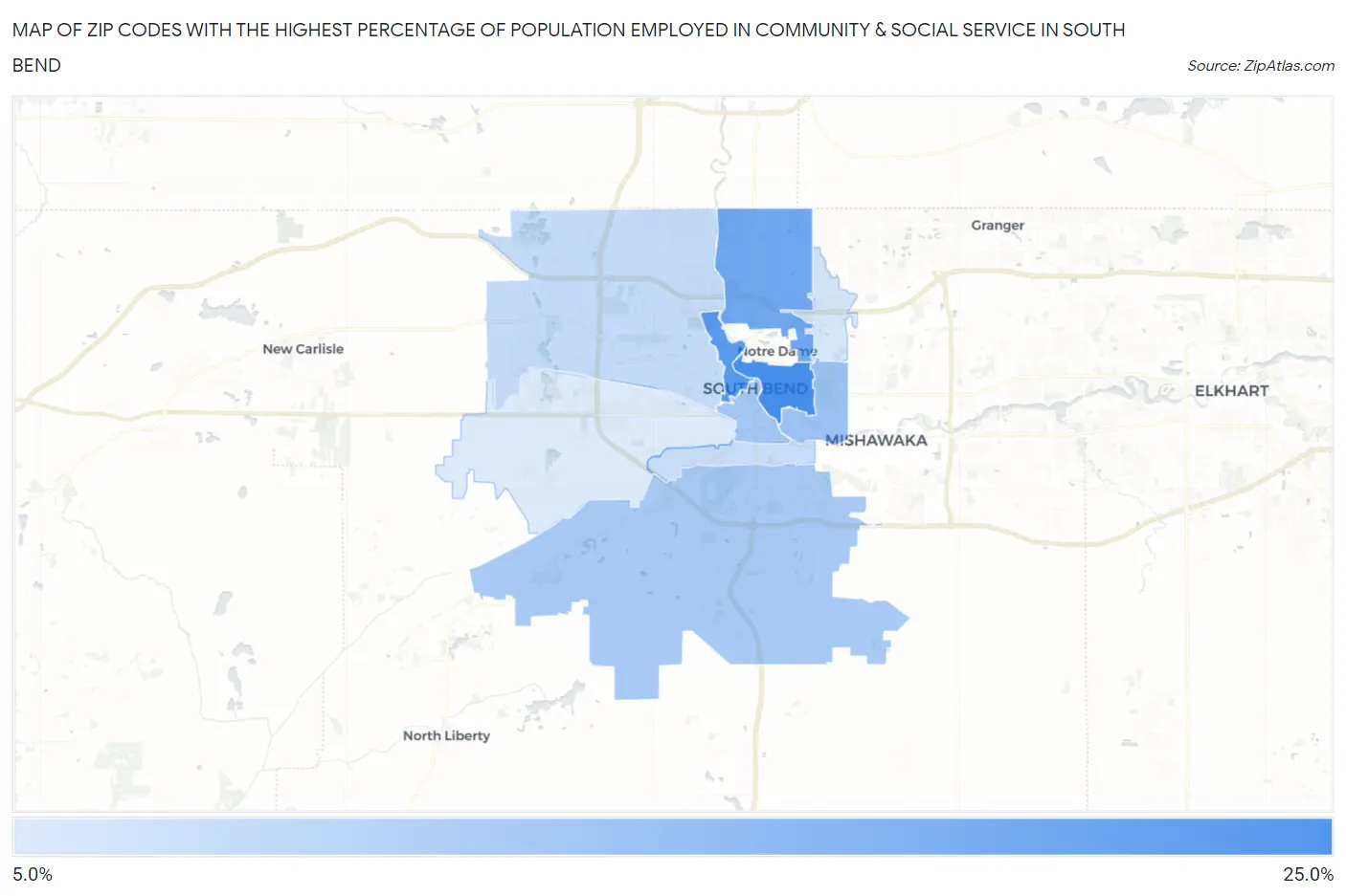 Zip Codes with the Highest Percentage of Population Employed in Community & Social Service  in South Bend Map