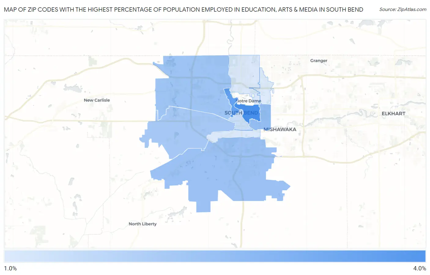 Zip Codes with the Highest Percentage of Population Employed in Education, Arts & Media in South Bend Map