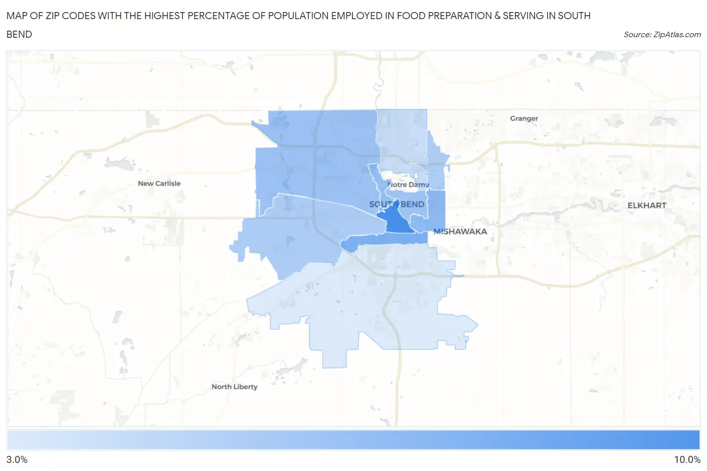 Zip Codes with the Highest Percentage of Population Employed in Food Preparation & Serving in South Bend Map