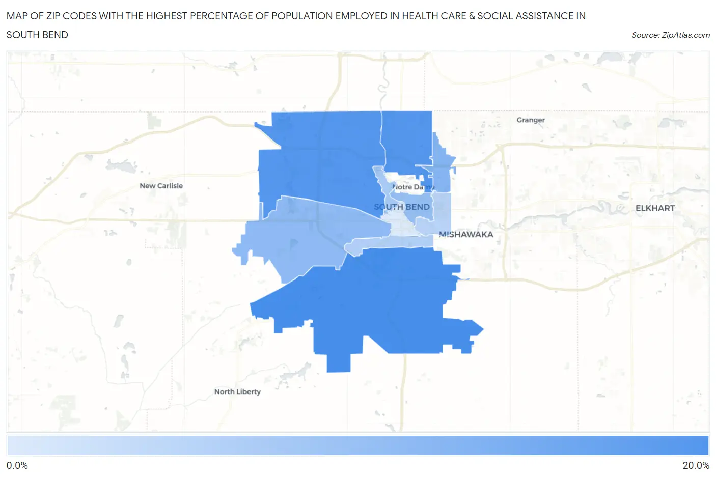 Zip Codes with the Highest Percentage of Population Employed in Health Care & Social Assistance in South Bend Map