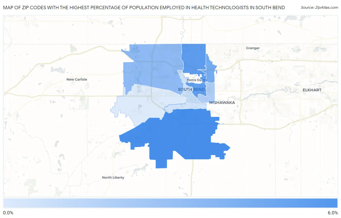Zip Codes with the Highest Percentage of Population Employed in Health Technologists in South Bend Map