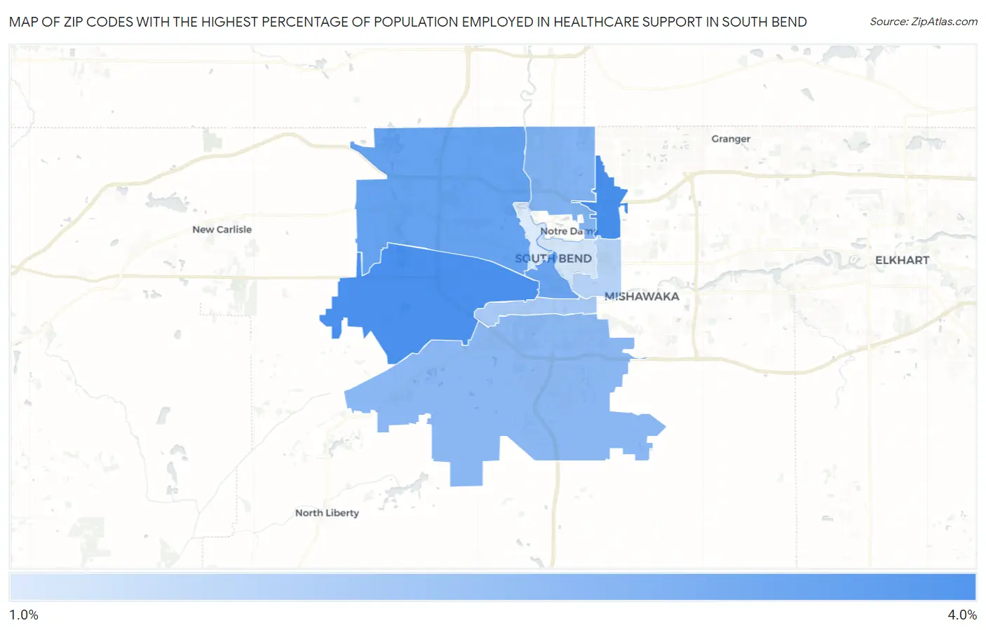 Zip Codes with the Highest Percentage of Population Employed in Healthcare Support in South Bend Map