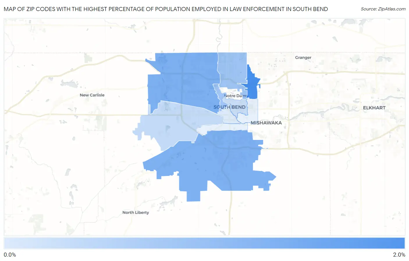Zip Codes with the Highest Percentage of Population Employed in Law Enforcement in South Bend Map
