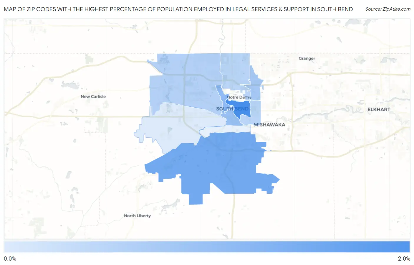 Zip Codes with the Highest Percentage of Population Employed in Legal Services & Support in South Bend Map
