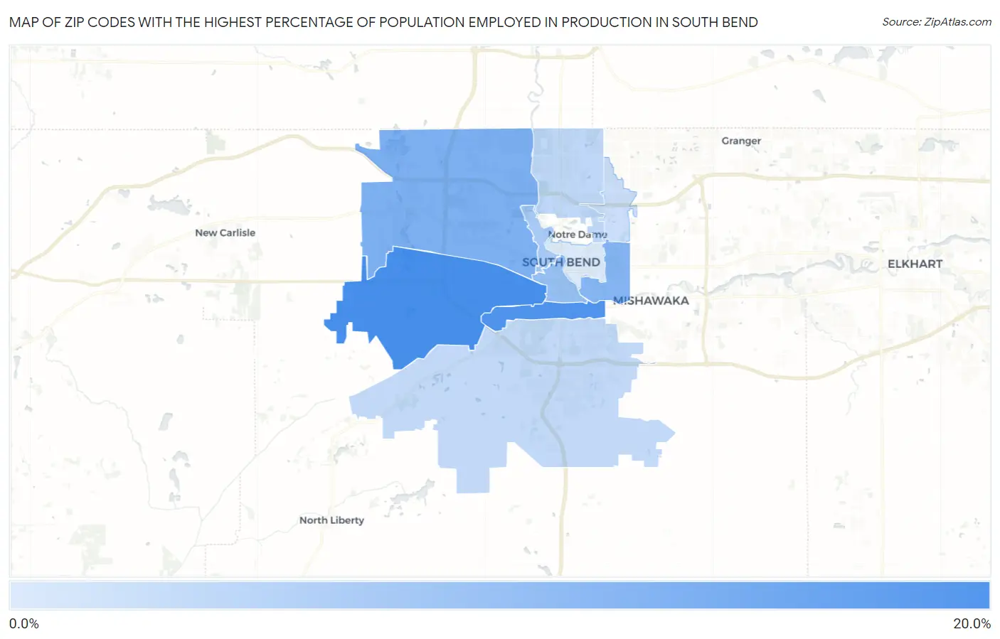Zip Codes with the Highest Percentage of Population Employed in Production in South Bend Map