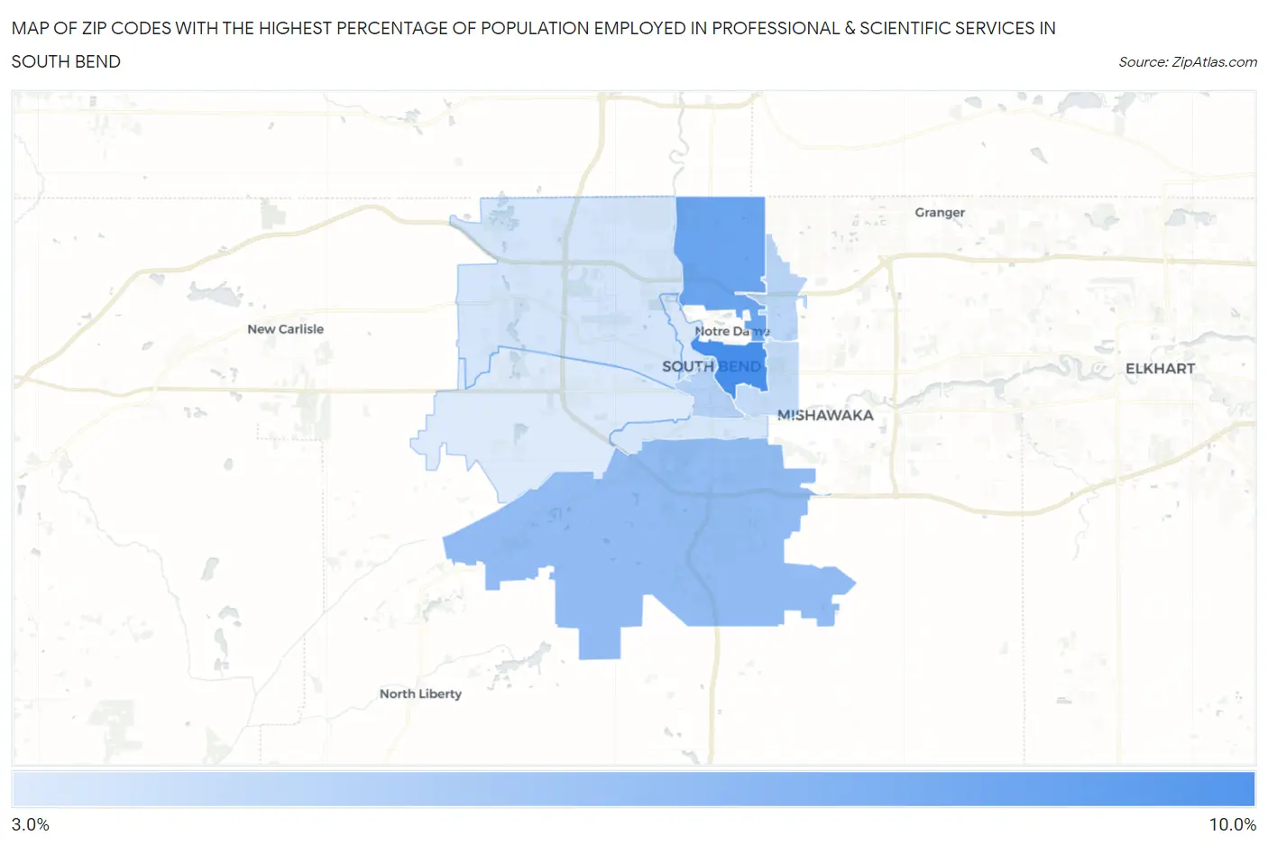 Zip Codes with the Highest Percentage of Population Employed in Professional & Scientific Services in South Bend Map