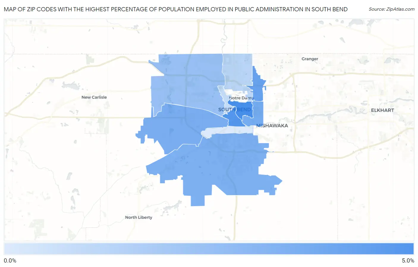 Zip Codes with the Highest Percentage of Population Employed in Public Administration in South Bend Map