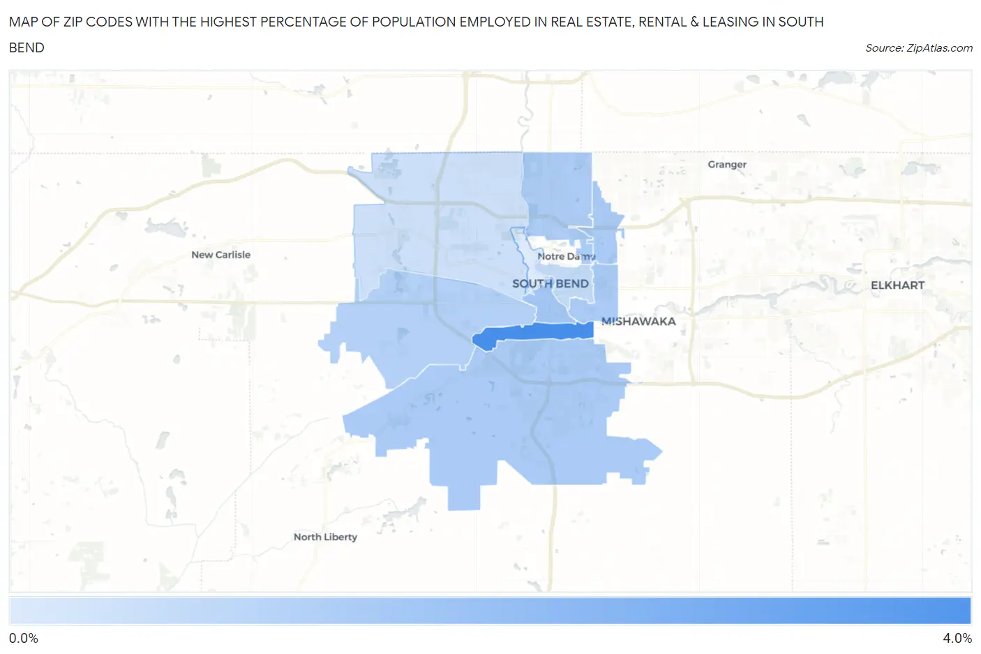 Zip Codes with the Highest Percentage of Population Employed in Real Estate, Rental & Leasing in South Bend Map