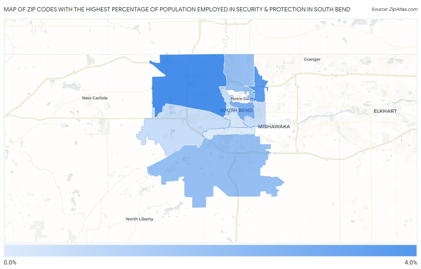Zip Codes with the Highest Percentage of Population Employed in Security & Protection in South Bend Map