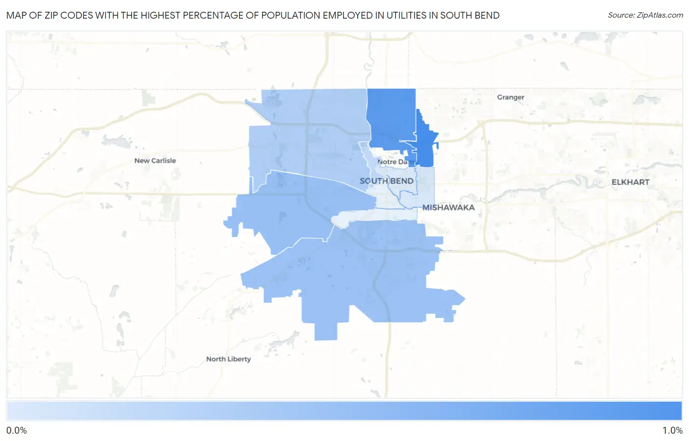 Zip Codes with the Highest Percentage of Population Employed in Utilities in South Bend Map