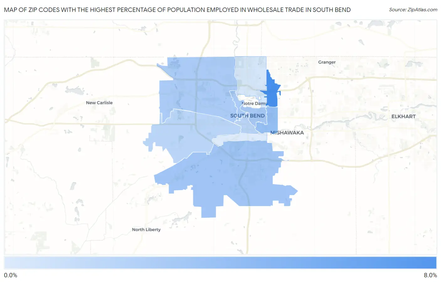 Zip Codes with the Highest Percentage of Population Employed in Wholesale Trade in South Bend Map