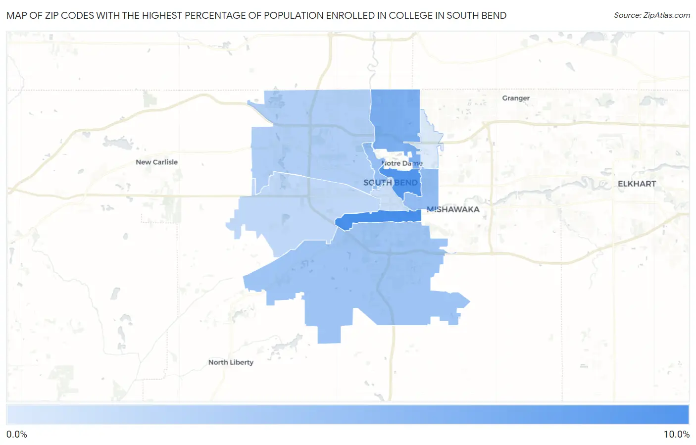 Zip Codes with the Highest Percentage of Population Enrolled in College in South Bend Map