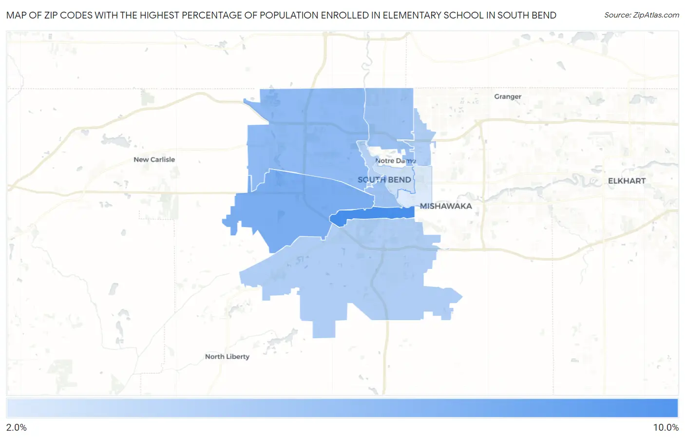 Zip Codes with the Highest Percentage of Population Enrolled in Elementary School in South Bend Map