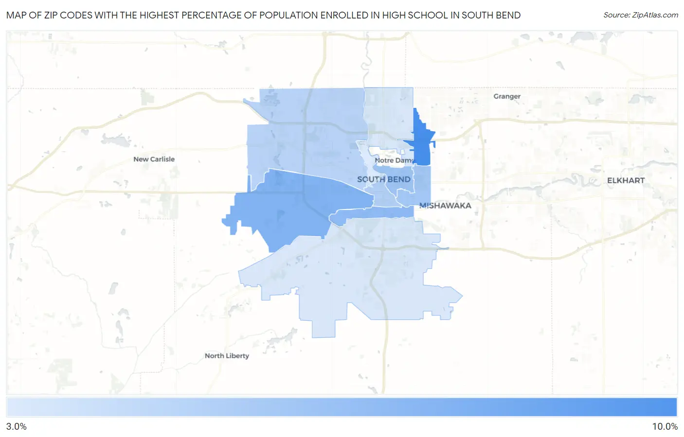 Zip Codes with the Highest Percentage of Population Enrolled in High School in South Bend Map