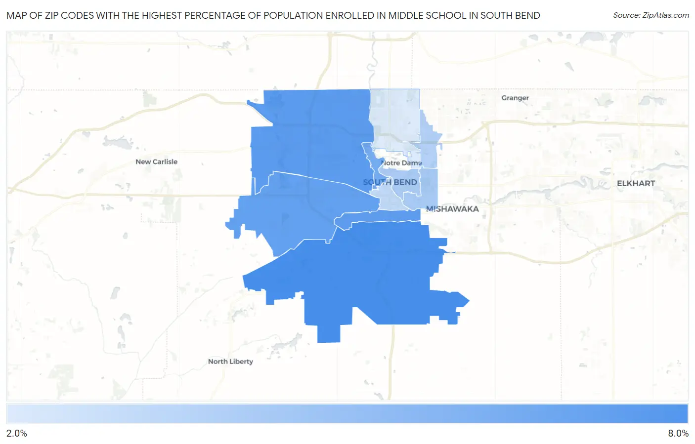 Zip Codes with the Highest Percentage of Population Enrolled in Middle School in South Bend Map