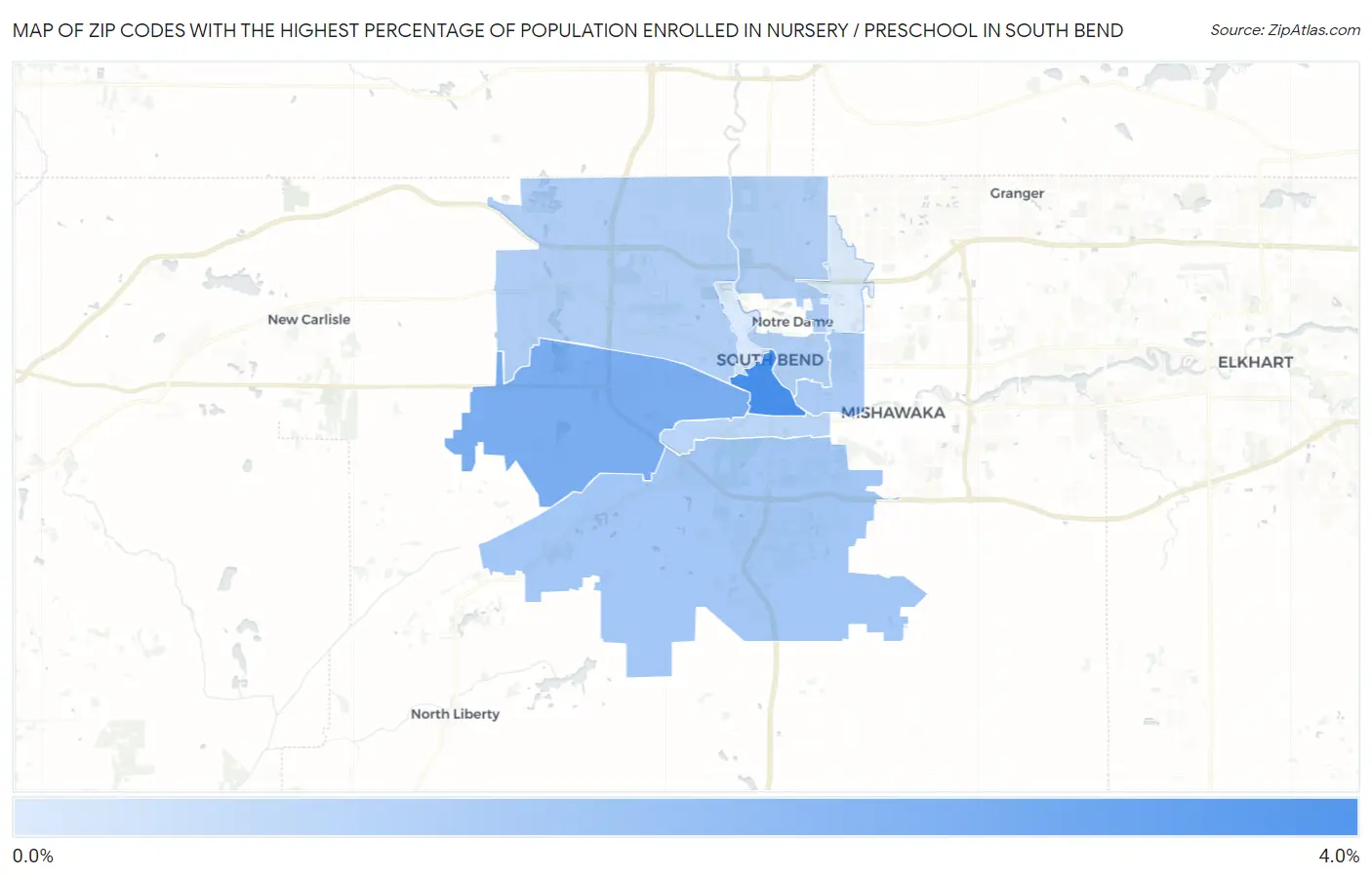 Zip Codes with the Highest Percentage of Population Enrolled in Nursery / Preschool in South Bend Map