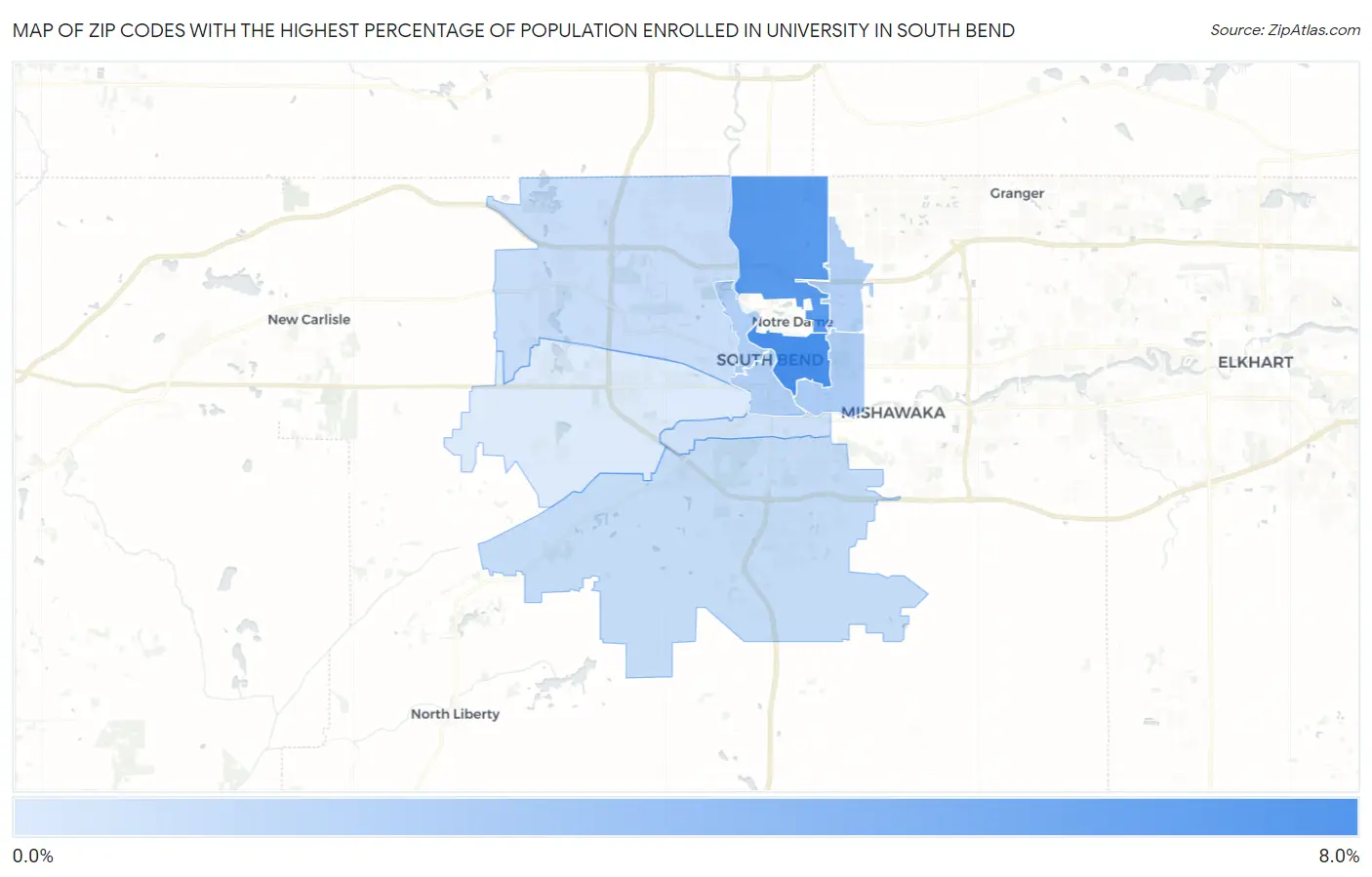 Zip Codes with the Highest Percentage of Population Enrolled in University in South Bend Map