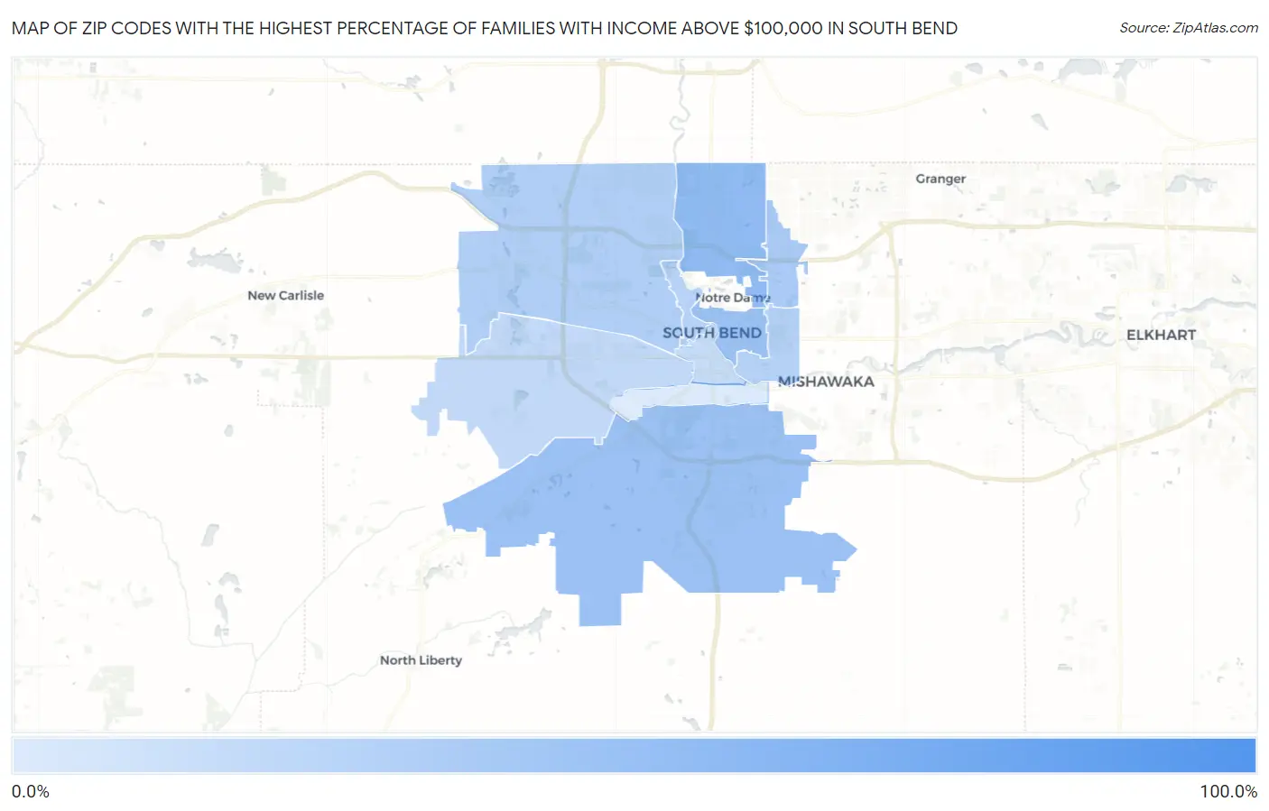 Zip Codes with the Highest Percentage of Families with Income Above $100,000 in South Bend Map