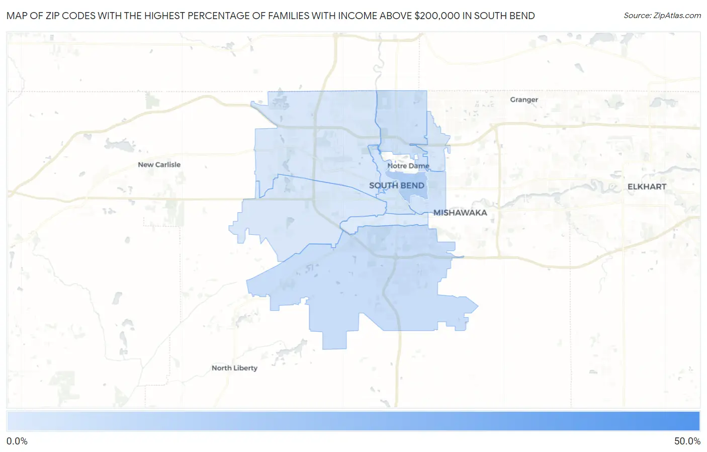 Zip Codes with the Highest Percentage of Families with Income Above $200,000 in South Bend Map