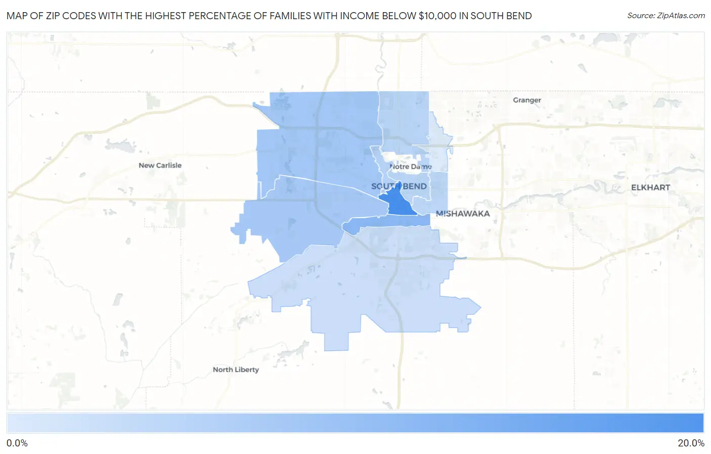 Zip Codes with the Highest Percentage of Families with Income Below $10,000 in South Bend Map