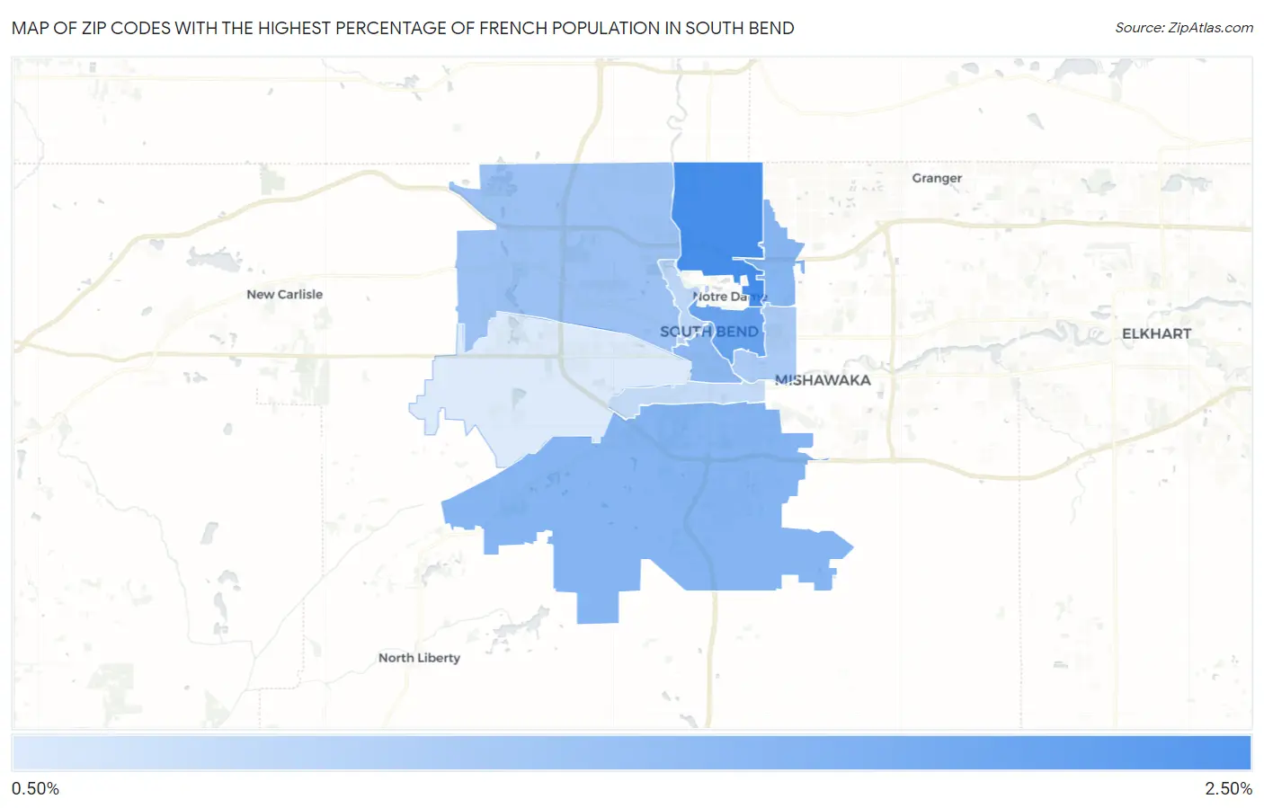 Zip Codes with the Highest Percentage of French Population in South Bend Map
