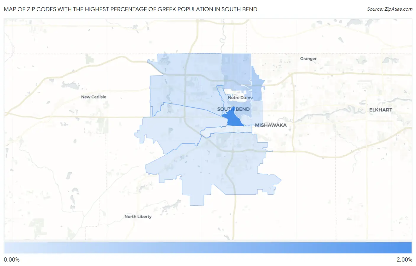 Zip Codes with the Highest Percentage of Greek Population in South Bend Map