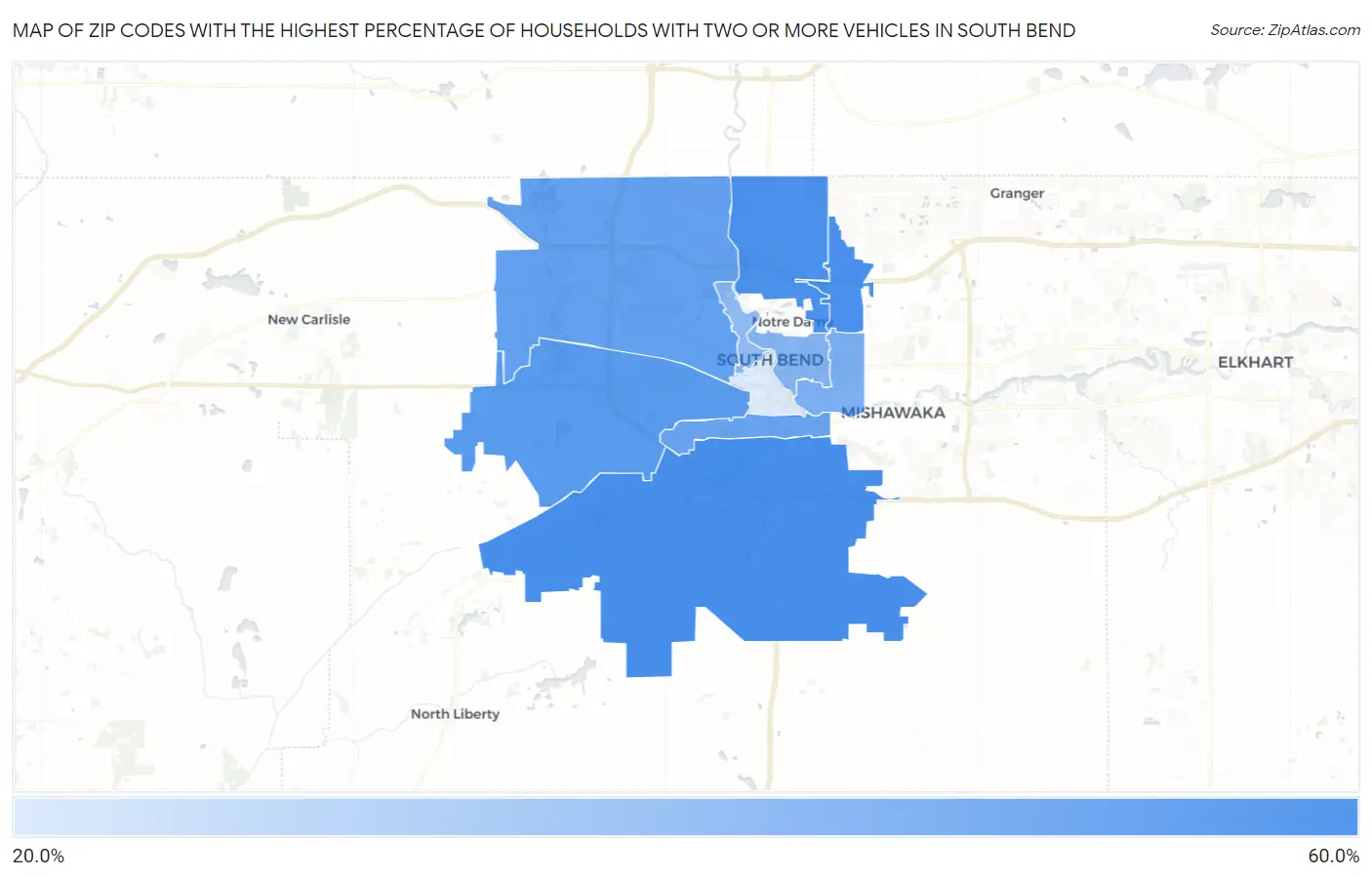Zip Codes with the Highest Percentage of Households With Two or more Vehicles in South Bend Map