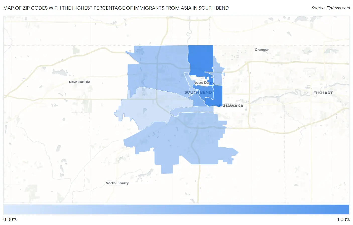 Zip Codes with the Highest Percentage of Immigrants from Asia in South Bend Map