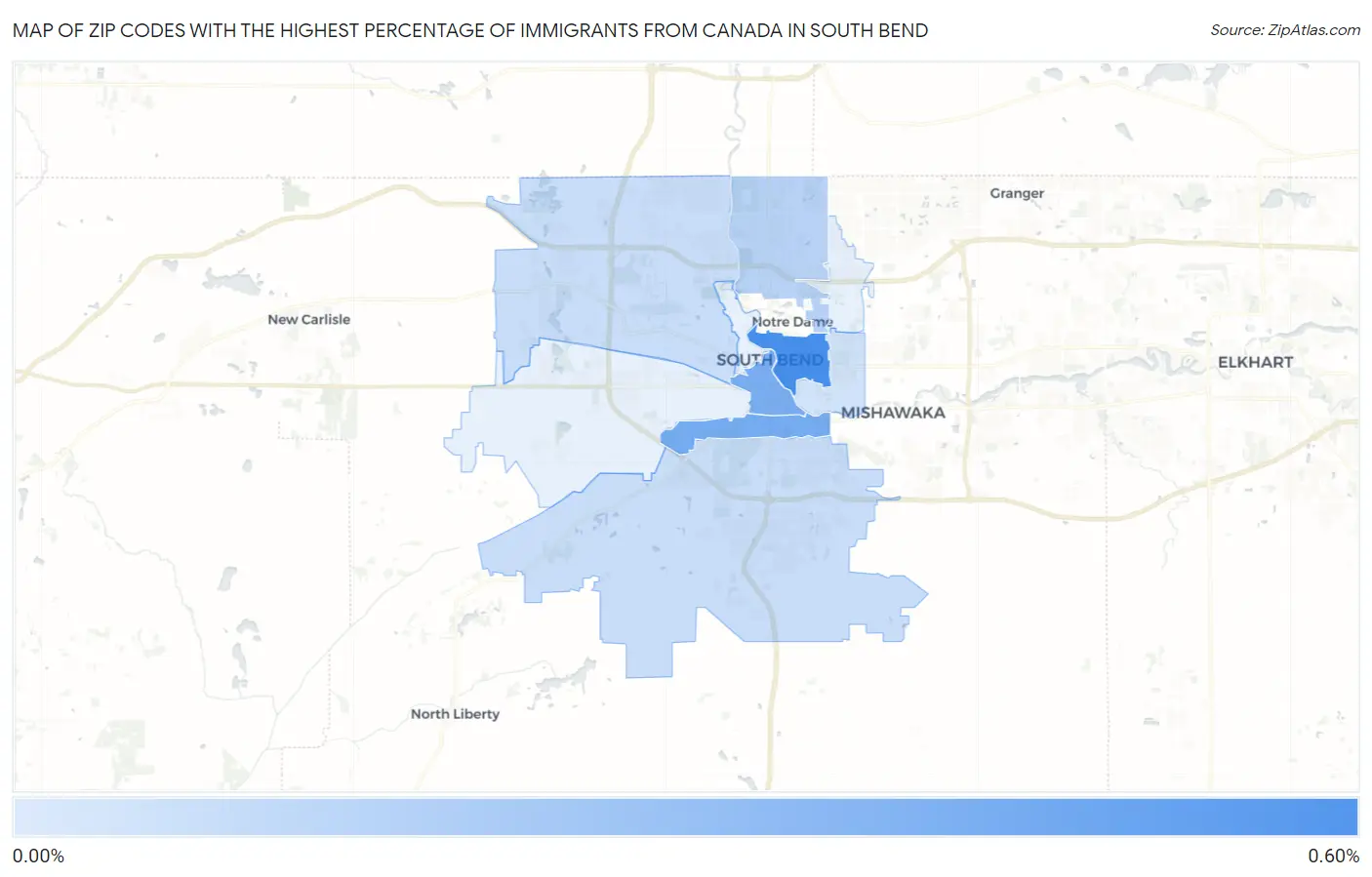Zip Codes with the Highest Percentage of Immigrants from Canada in South Bend Map