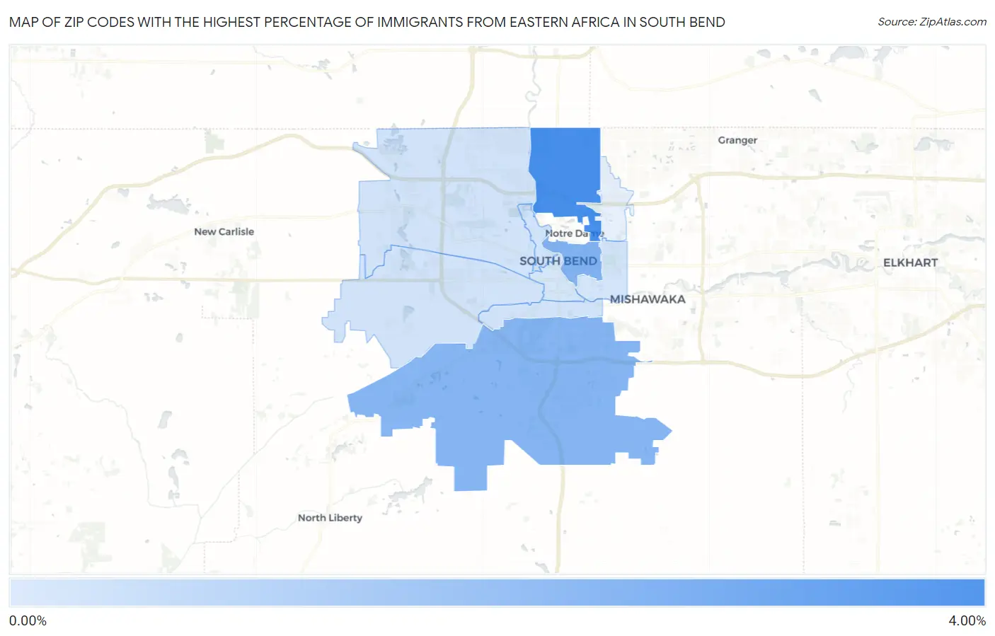 Zip Codes with the Highest Percentage of Immigrants from Eastern Africa in South Bend Map